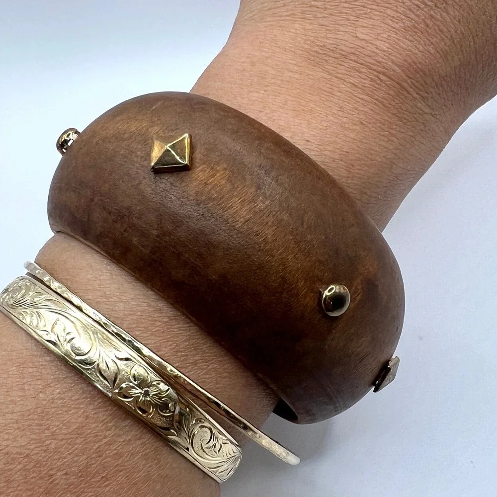 Vintage Chunky Wood Bangle Bracelet Gold Studded Pyramid Dome Brown Boho